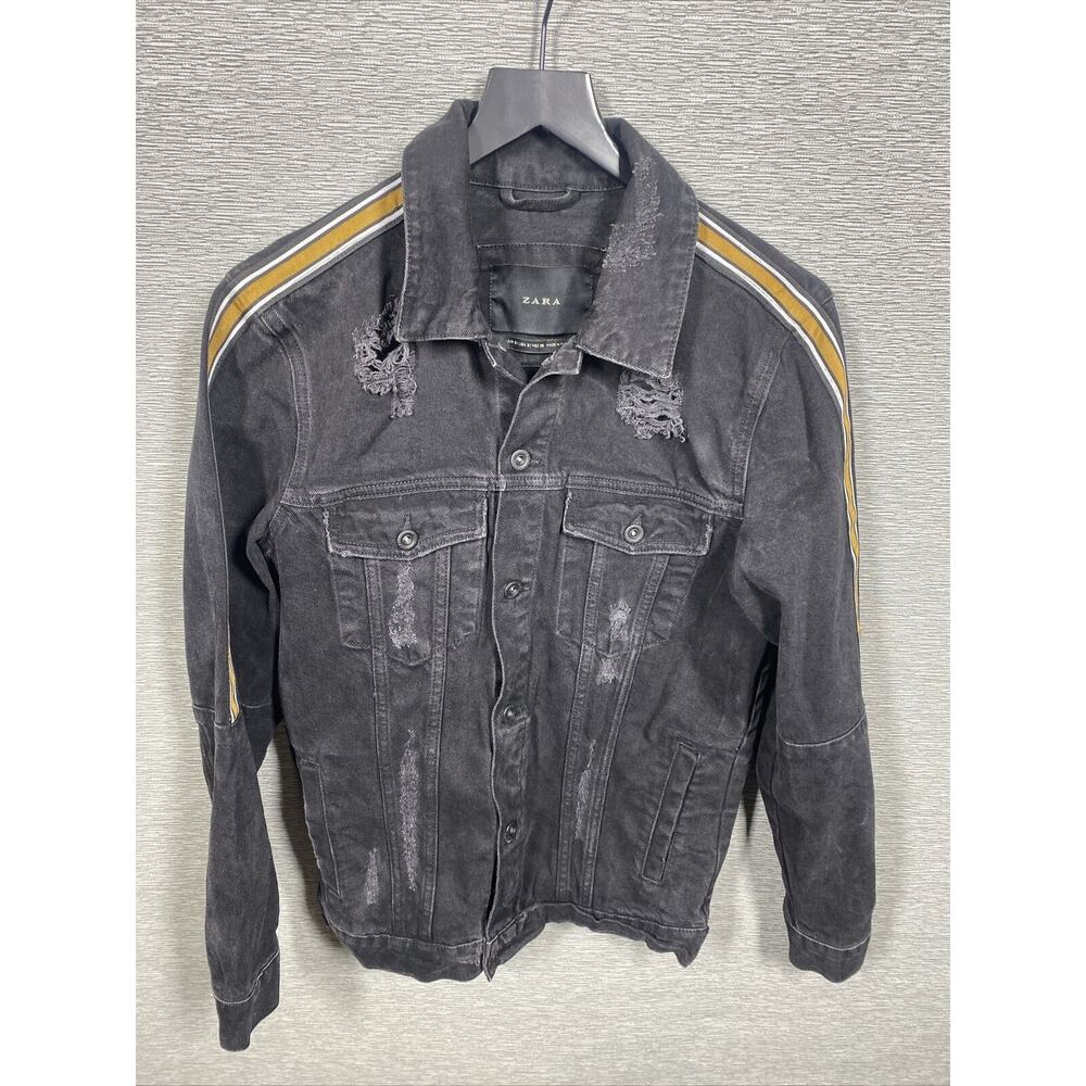 ZARA Button Down Textured Coat Jacket Black With Yellow Stripes Size Small